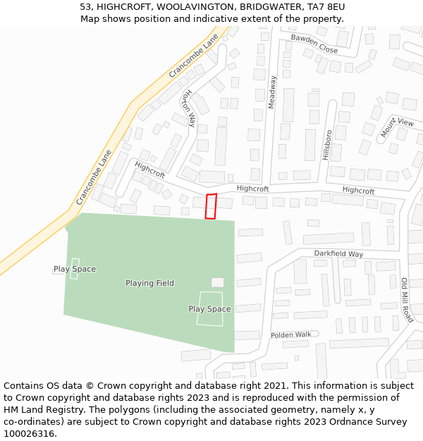 53, HIGHCROFT, WOOLAVINGTON, BRIDGWATER, TA7 8EU: Location map and indicative extent of plot