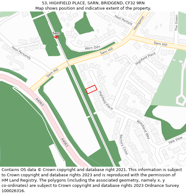 53, HIGHFIELD PLACE, SARN, BRIDGEND, CF32 9RN: Location map and indicative extent of plot