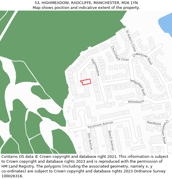 53, HIGHMEADOW, RADCLIFFE, MANCHESTER, M26 1YN: Location map and indicative extent of plot