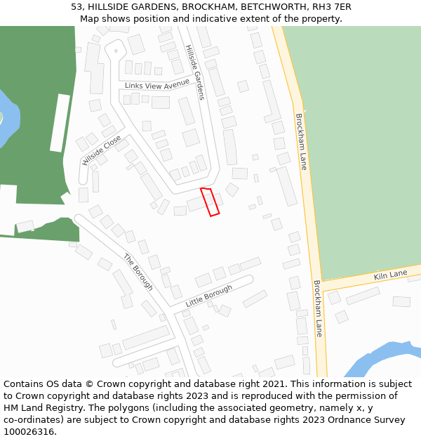 53, HILLSIDE GARDENS, BROCKHAM, BETCHWORTH, RH3 7ER: Location map and indicative extent of plot