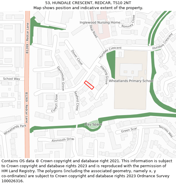 53, HUNDALE CRESCENT, REDCAR, TS10 2NT: Location map and indicative extent of plot