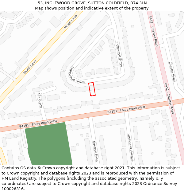 53, INGLEWOOD GROVE, SUTTON COLDFIELD, B74 3LN: Location map and indicative extent of plot