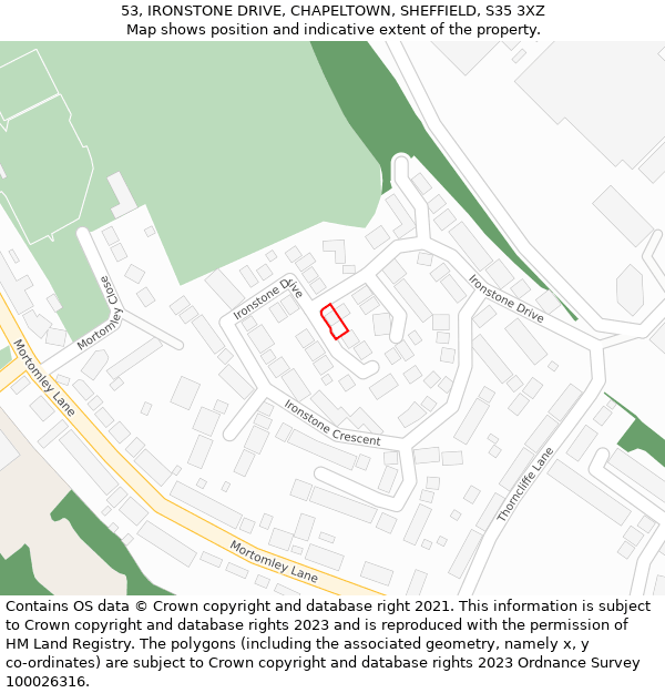 53, IRONSTONE DRIVE, CHAPELTOWN, SHEFFIELD, S35 3XZ: Location map and indicative extent of plot