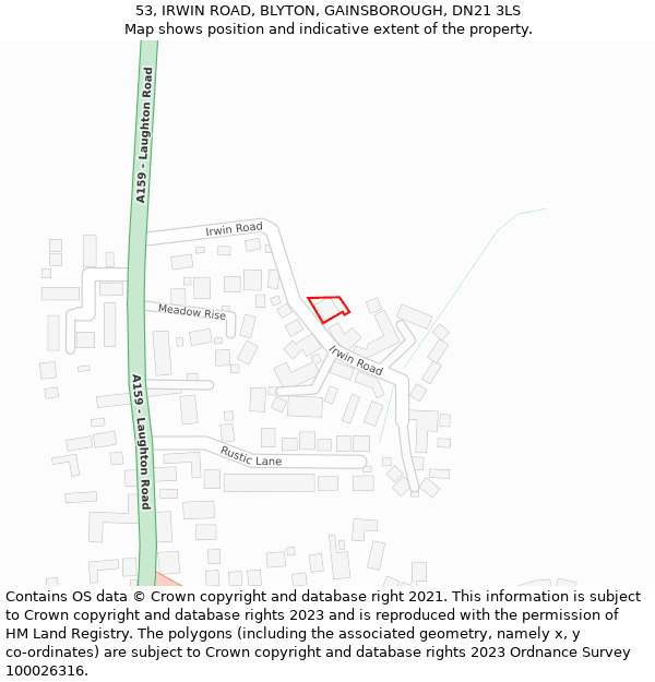 53, IRWIN ROAD, BLYTON, GAINSBOROUGH, DN21 3LS: Location map and indicative extent of plot