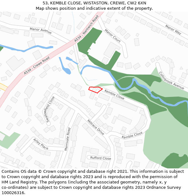 53, KEMBLE CLOSE, WISTASTON, CREWE, CW2 6XN: Location map and indicative extent of plot