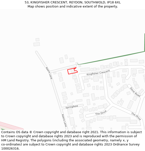 53, KINGFISHER CRESCENT, REYDON, SOUTHWOLD, IP18 6XL: Location map and indicative extent of plot