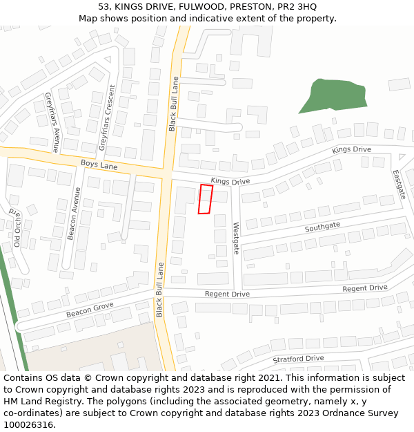 53, KINGS DRIVE, FULWOOD, PRESTON, PR2 3HQ: Location map and indicative extent of plot