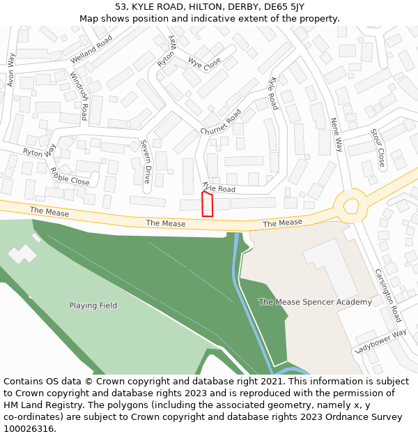53, KYLE ROAD, HILTON, DERBY, DE65 5JY: Location map and indicative extent of plot