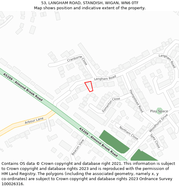 53, LANGHAM ROAD, STANDISH, WIGAN, WN6 0TF: Location map and indicative extent of plot