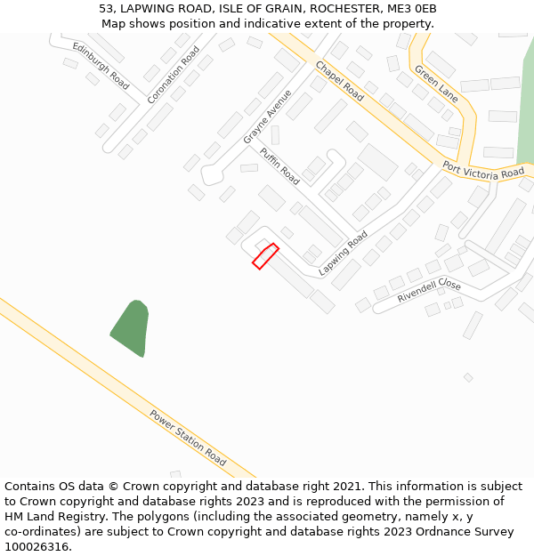 53, LAPWING ROAD, ISLE OF GRAIN, ROCHESTER, ME3 0EB: Location map and indicative extent of plot