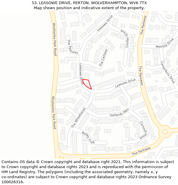 53, LEASOWE DRIVE, PERTON, WOLVERHAMPTON, WV6 7TX: Location map and indicative extent of plot
