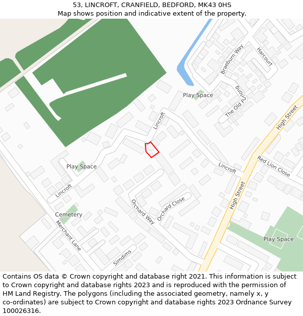 53, LINCROFT, CRANFIELD, BEDFORD, MK43 0HS: Location map and indicative extent of plot