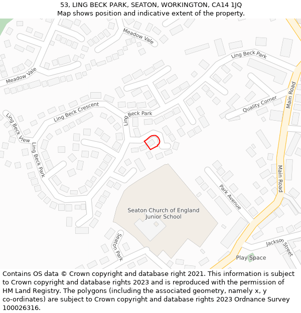 53, LING BECK PARK, SEATON, WORKINGTON, CA14 1JQ: Location map and indicative extent of plot