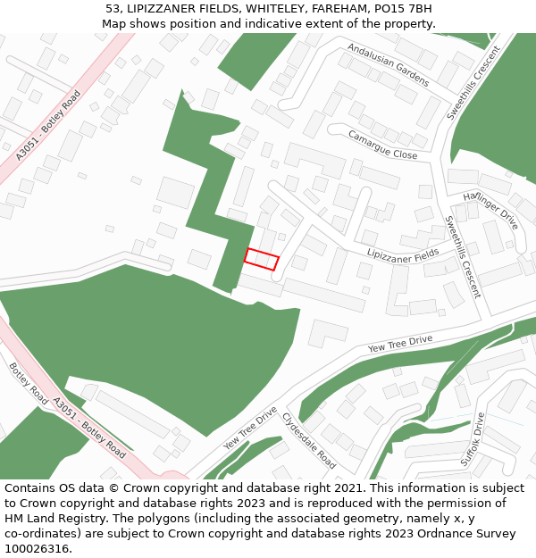 53, LIPIZZANER FIELDS, WHITELEY, FAREHAM, PO15 7BH: Location map and indicative extent of plot