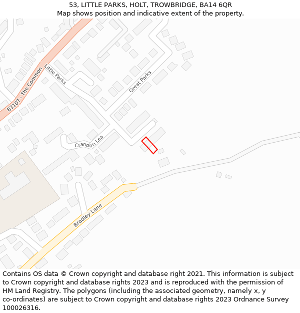 53, LITTLE PARKS, HOLT, TROWBRIDGE, BA14 6QR: Location map and indicative extent of plot