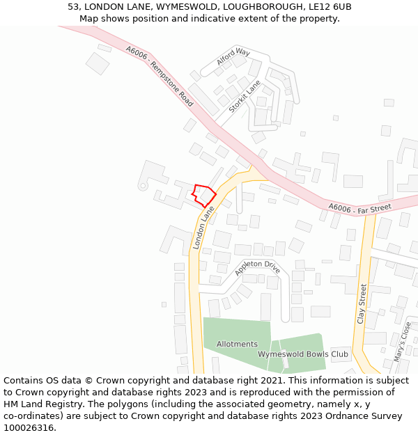 53, LONDON LANE, WYMESWOLD, LOUGHBOROUGH, LE12 6UB: Location map and indicative extent of plot