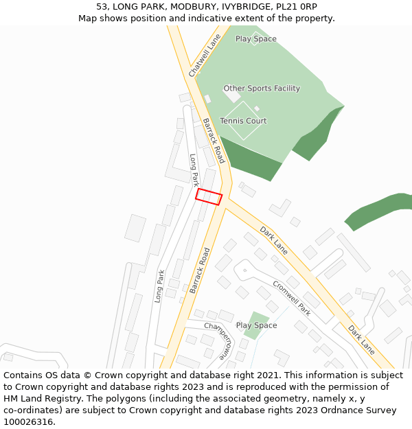 53, LONG PARK, MODBURY, IVYBRIDGE, PL21 0RP: Location map and indicative extent of plot