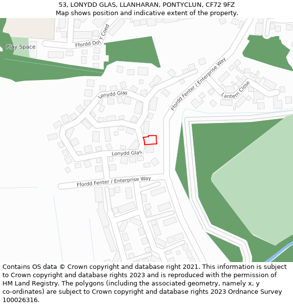 53, LONYDD GLAS, LLANHARAN, PONTYCLUN, CF72 9FZ: Location map and indicative extent of plot