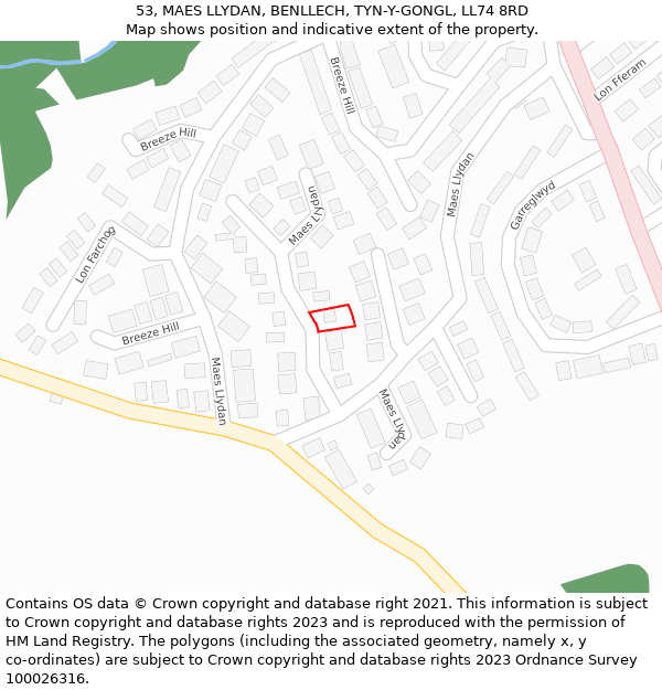 53, MAES LLYDAN, BENLLECH, TYN-Y-GONGL, LL74 8RD: Location map and indicative extent of plot