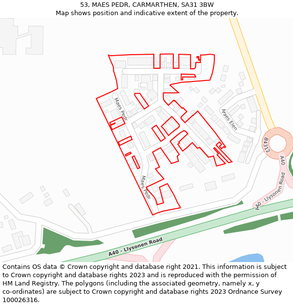 53, MAES PEDR, CARMARTHEN, SA31 3BW: Location map and indicative extent of plot