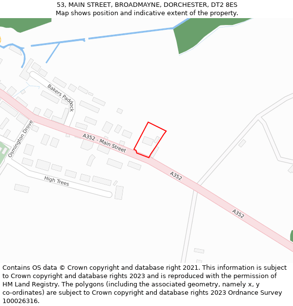 53, MAIN STREET, BROADMAYNE, DORCHESTER, DT2 8ES: Location map and indicative extent of plot