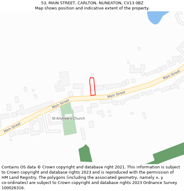 53, MAIN STREET, CARLTON, NUNEATON, CV13 0BZ: Location map and indicative extent of plot