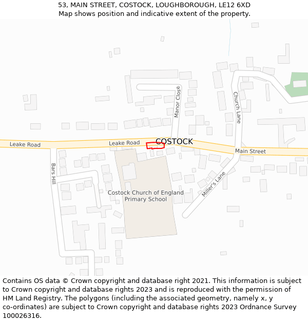 53, MAIN STREET, COSTOCK, LOUGHBOROUGH, LE12 6XD: Location map and indicative extent of plot