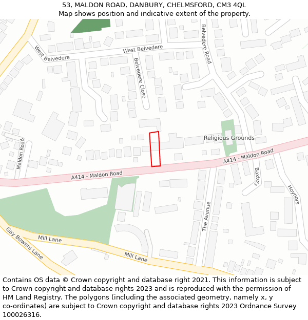 53, MALDON ROAD, DANBURY, CHELMSFORD, CM3 4QL: Location map and indicative extent of plot