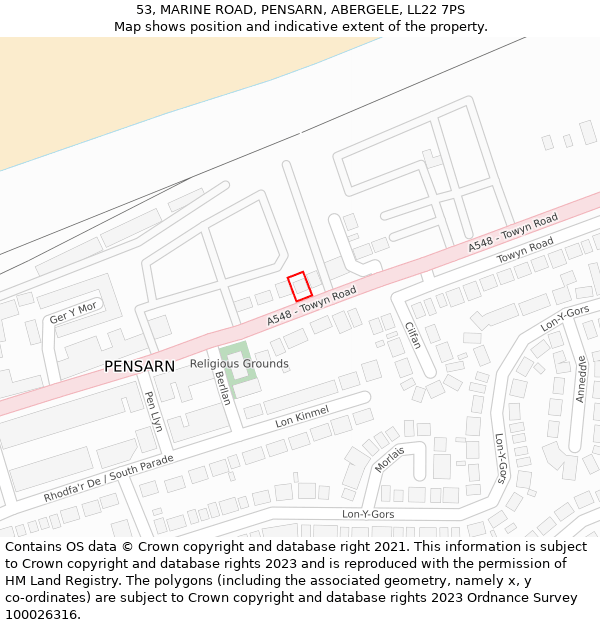 53, MARINE ROAD, PENSARN, ABERGELE, LL22 7PS: Location map and indicative extent of plot