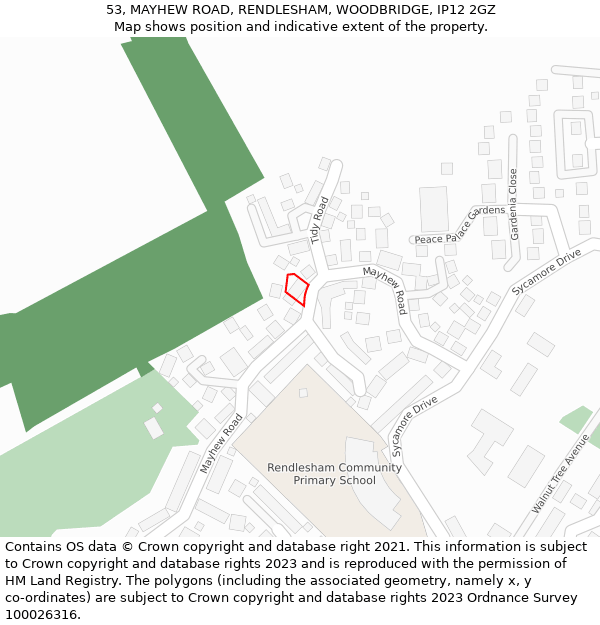 53, MAYHEW ROAD, RENDLESHAM, WOODBRIDGE, IP12 2GZ: Location map and indicative extent of plot