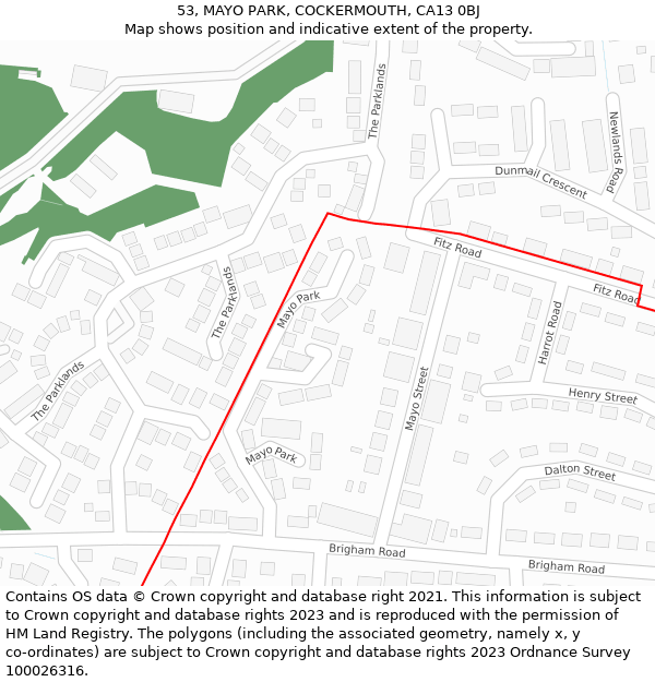 53, MAYO PARK, COCKERMOUTH, CA13 0BJ: Location map and indicative extent of plot