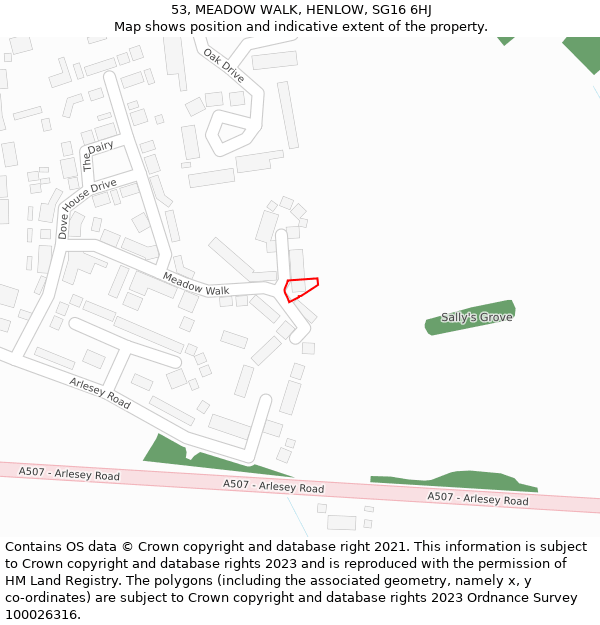 53, MEADOW WALK, HENLOW, SG16 6HJ: Location map and indicative extent of plot