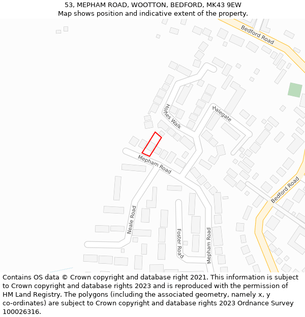 53, MEPHAM ROAD, WOOTTON, BEDFORD, MK43 9EW: Location map and indicative extent of plot