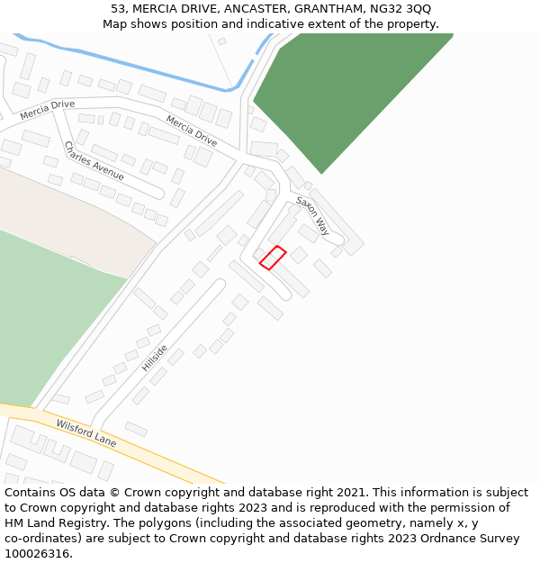 53, MERCIA DRIVE, ANCASTER, GRANTHAM, NG32 3QQ: Location map and indicative extent of plot