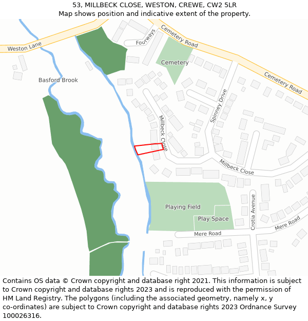 53, MILLBECK CLOSE, WESTON, CREWE, CW2 5LR: Location map and indicative extent of plot