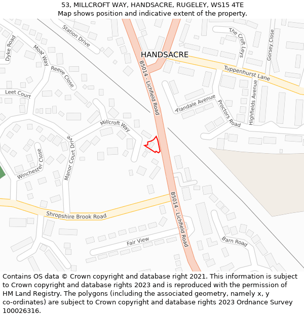 53, MILLCROFT WAY, HANDSACRE, RUGELEY, WS15 4TE: Location map and indicative extent of plot