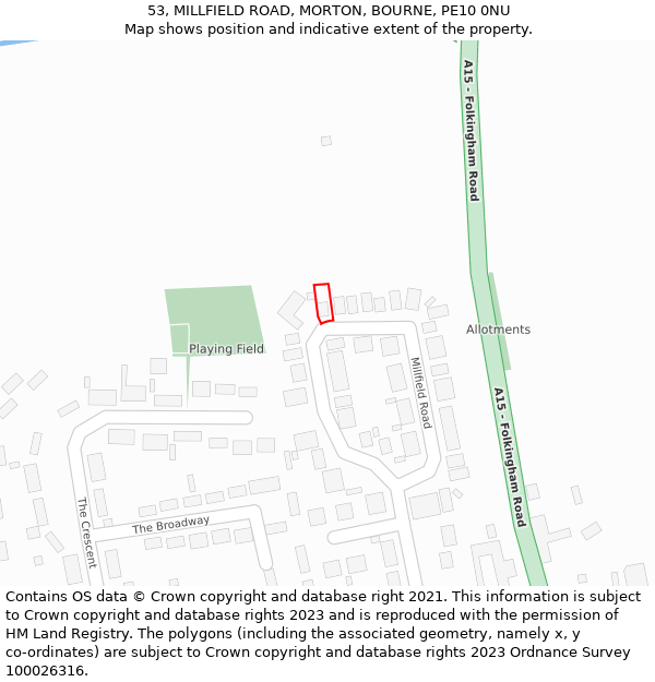 53, MILLFIELD ROAD, MORTON, BOURNE, PE10 0NU: Location map and indicative extent of plot