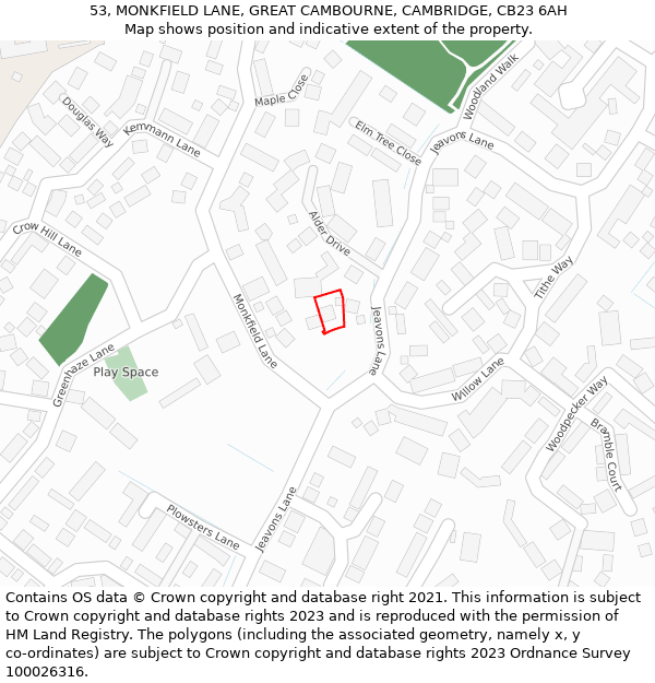 53, MONKFIELD LANE, GREAT CAMBOURNE, CAMBRIDGE, CB23 6AH: Location map and indicative extent of plot