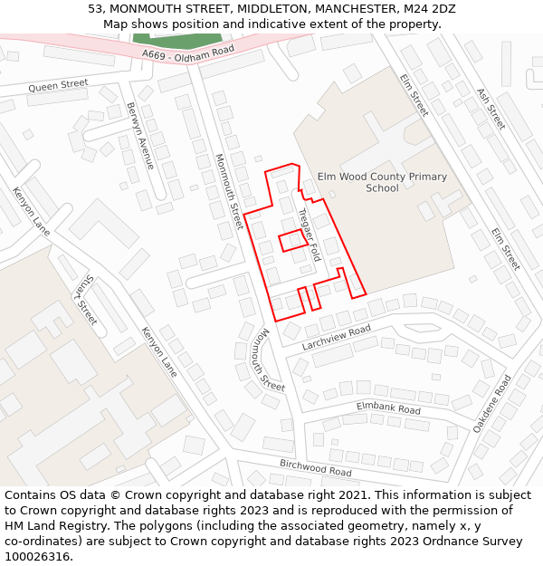 53, MONMOUTH STREET, MIDDLETON, MANCHESTER, M24 2DZ: Location map and indicative extent of plot