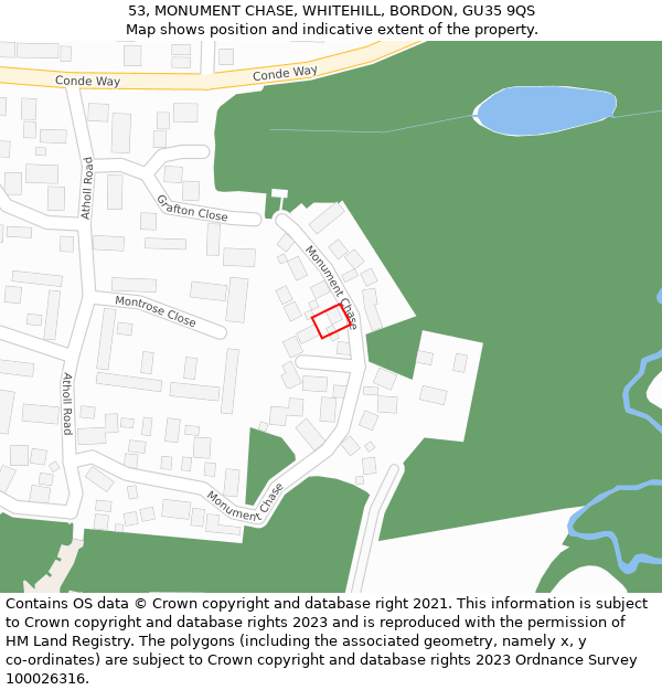 53, MONUMENT CHASE, WHITEHILL, BORDON, GU35 9QS: Location map and indicative extent of plot