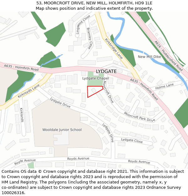 53, MOORCROFT DRIVE, NEW MILL, HOLMFIRTH, HD9 1LE: Location map and indicative extent of plot