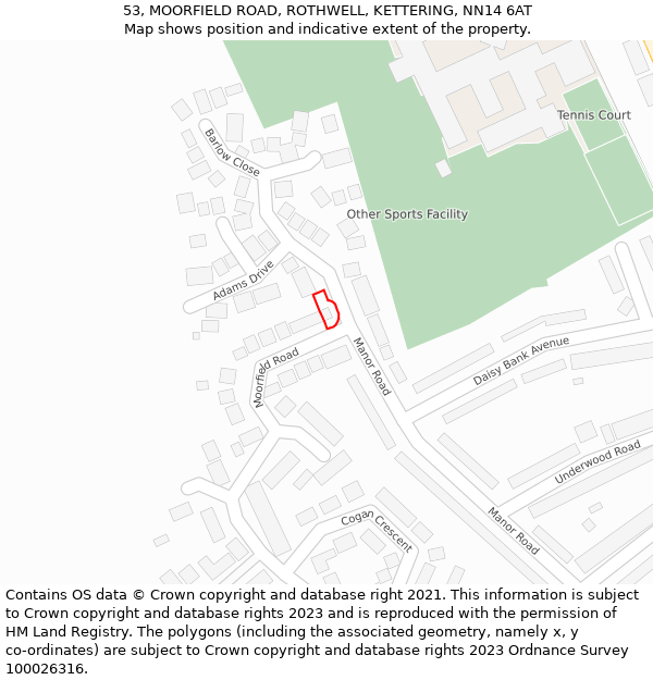 53, MOORFIELD ROAD, ROTHWELL, KETTERING, NN14 6AT: Location map and indicative extent of plot