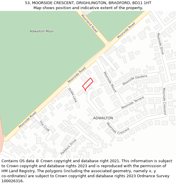 53, MOORSIDE CRESCENT, DRIGHLINGTON, BRADFORD, BD11 1HT: Location map and indicative extent of plot
