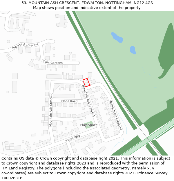 53, MOUNTAIN ASH CRESCENT, EDWALTON, NOTTINGHAM, NG12 4GS: Location map and indicative extent of plot