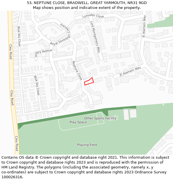 53, NEPTUNE CLOSE, BRADWELL, GREAT YARMOUTH, NR31 9GD: Location map and indicative extent of plot