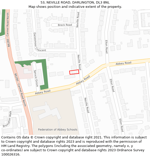 53, NEVILLE ROAD, DARLINGTON, DL3 8NL: Location map and indicative extent of plot
