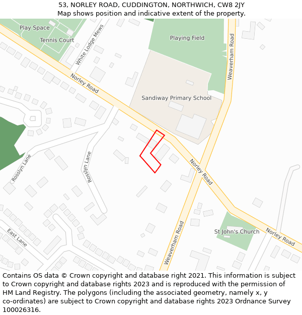 53, NORLEY ROAD, CUDDINGTON, NORTHWICH, CW8 2JY: Location map and indicative extent of plot