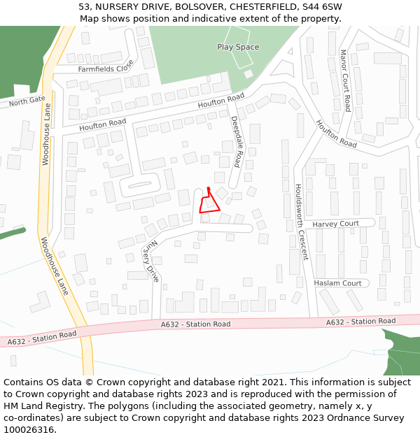 53, NURSERY DRIVE, BOLSOVER, CHESTERFIELD, S44 6SW: Location map and indicative extent of plot