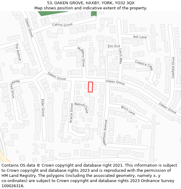 53, OAKEN GROVE, HAXBY, YORK, YO32 3QX: Location map and indicative extent of plot