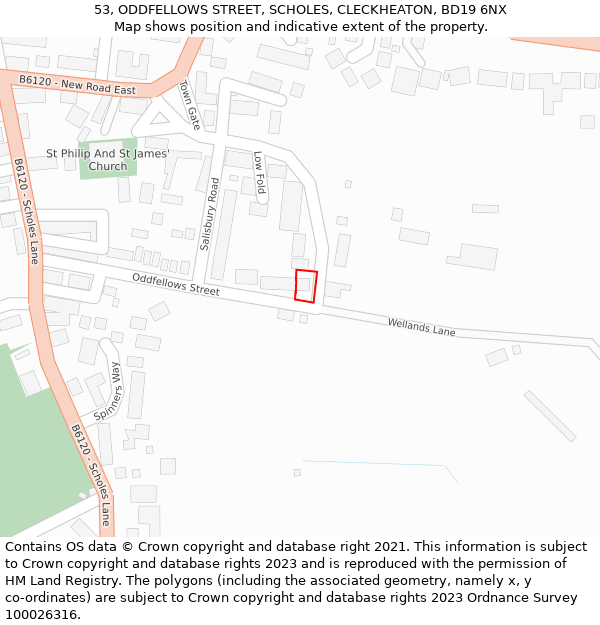 53, ODDFELLOWS STREET, SCHOLES, CLECKHEATON, BD19 6NX: Location map and indicative extent of plot